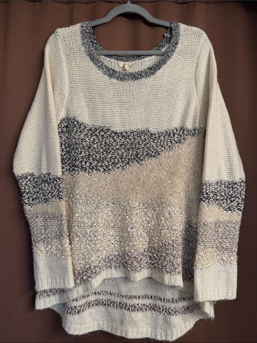 Mystree Cream, Charcoal & Beige Textured Colorblock Pullover